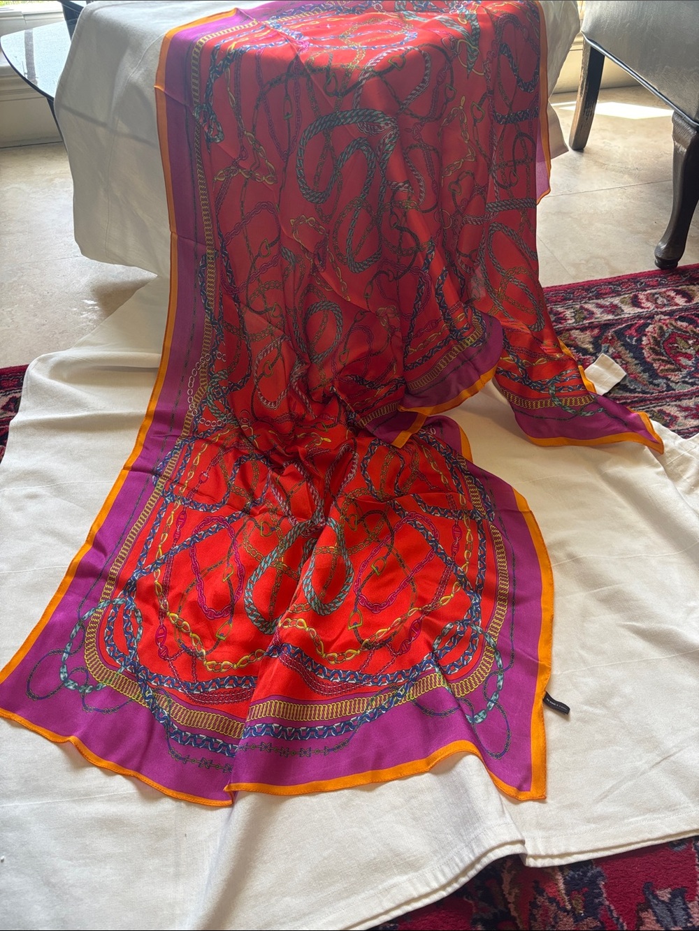 Silk Chain-Print Scarf in Red and Purple